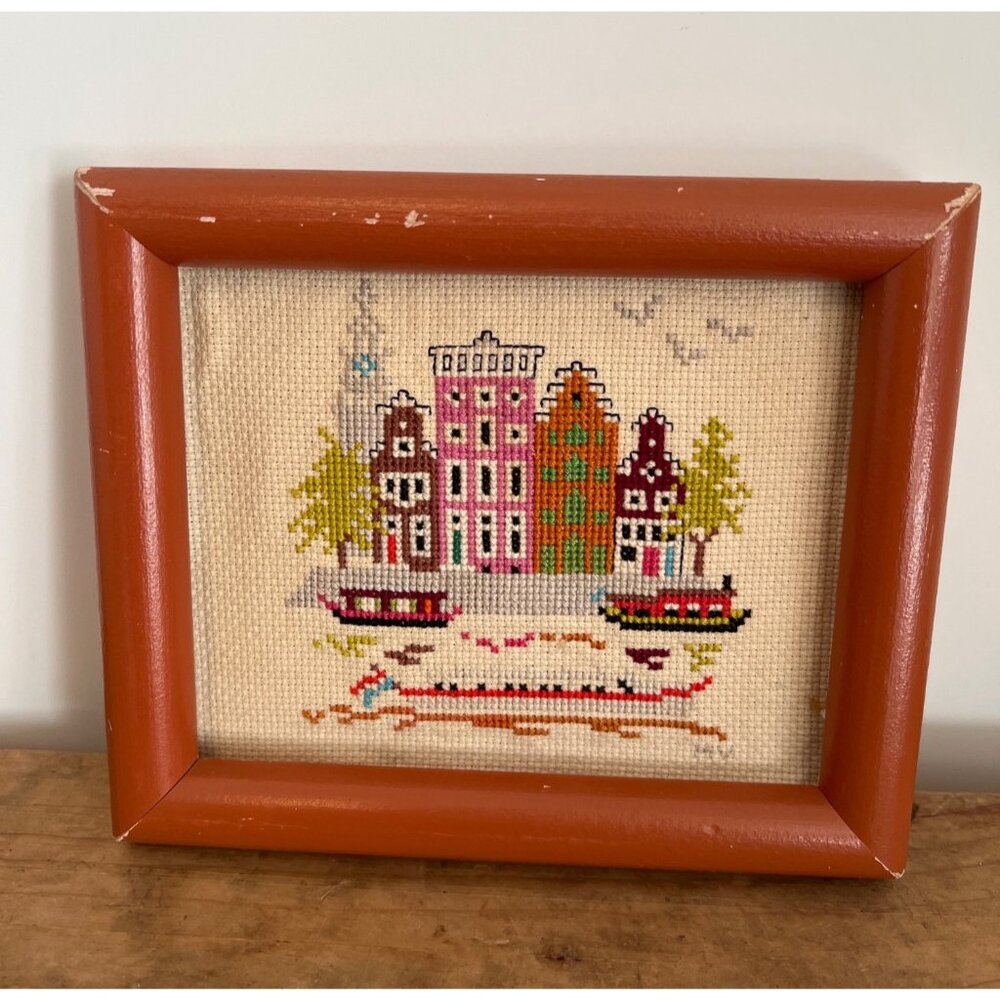 Vintage 70s Wood Framed Cross-Stitch Embroidery‎ Amsterdam Canal Houses 5” x 6”